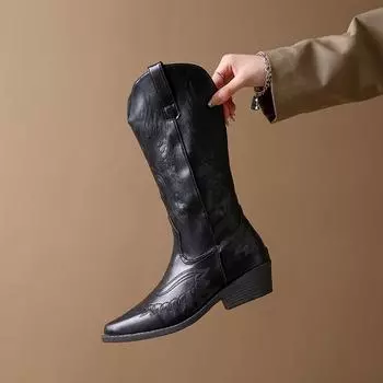 New Autumn and Winter Fashion Style Embroidered Western Cowboy Boots Pointy-tipped Medium Thick-heeled Biker Boots Zapatos Mujer 35