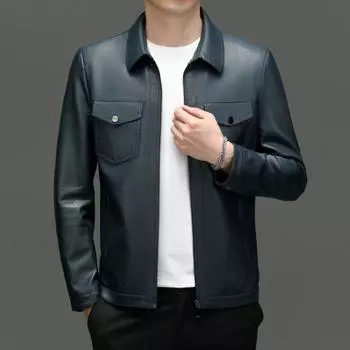 Новая осенне-зимняя куртка из натуральной кожи, мужская тонкая куртка с короткими лацканами для мужчин среднего возраста, куртка из натуральной кожи M