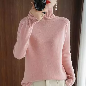 New autumn and winter high collar pullover sweater for women loose thickened Korean style solid color high collar knitted bottoming shirt for women M