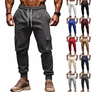 New Autumn and Winter Men s Casual Cargo Pants with Fleece Multi-pocket Pants Large Size Sports Casual Pants S тёмно-синий