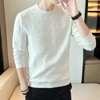 New Autumn and Winter Men s Hatless Sweatshirt Round Neck Pullover Jacquard Versatile Knitted Top Loose Long-sleeved Base Shirt Men M