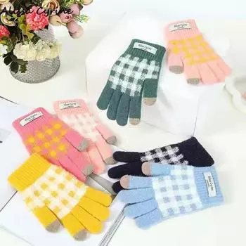 New Autumn and Winter Products, Plus Velvet and Thickened Full-finger Warm Plaid Gloves, Fashionable and Trendy Touch-screen Knitted Gloves One Size