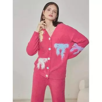 New Autumn and Winter Red Bow Loose Thickened Coral Velvet Suit Thickened Sweet Cardigan High-end Home Clothes One Size красный