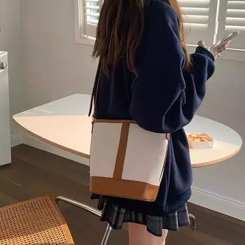 New Autumn and Winter Retro Fashionable Simple Texture Splicing Bucket Bag Versatile One-shoulder Crossbody Bag for Women