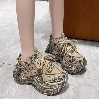 New autumn and winter retro small leopard print muffin dad shoes women s heightening platform casual sports shoes fashion casual 34 жёлтый