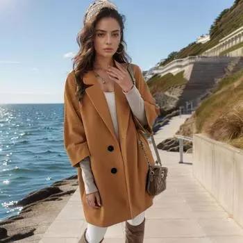 New Autumn and Winter Seven-quarter Sleeves Button Lapel Pocket Woolen Coat S