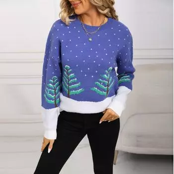 New Autumn and Winter Sweater, Jacquard Long-sleeved Round-neck Christmas Knitted Sweater, New Year Christmas Tree Pullover, Casual Sweater S синий