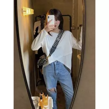 New Autumn and Winter Versatile Long-sleeved T-shirt for Women s Pure Cotton White Loose Cross Design Fashionable Base Shirt Top S белый