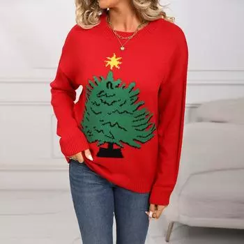 New Autumn and Winter Women s Christmas and New Year Sweater Pullover Long-sleeved Christmas Tree Knitted Sweater S красный