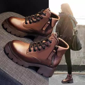 Новые осенние женские ботильоны из натуральной кожи с толстой подошвой в британском стиле, тонкие весенние и осенние ботинки 34 коричневый