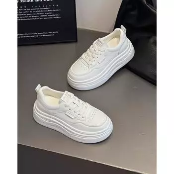 New autumn leather fashion thick-soled lace-up casual shoes women s small height-increasing board shoes women s white shoes 35 бежевый