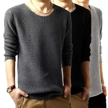 New Autumn Men S Thick Water Ripple Sweater Men S Knitted Sweater Solid Color Fashionable Sweater M чёрный