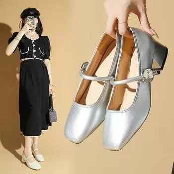 Новые осенние туфли на высоком каблуке с квадратным носком для женщин, на толстом каблуке с одной пуговицей, из маленькой кожи, туфли на платформе 35