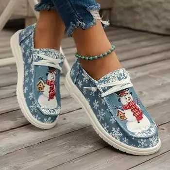 New Autumn Winter Christmas Printed Lace-Up Large Size Loafers Breathable Flat Canvas Shoes for Women Mary Jane Shoes 36 коричневый