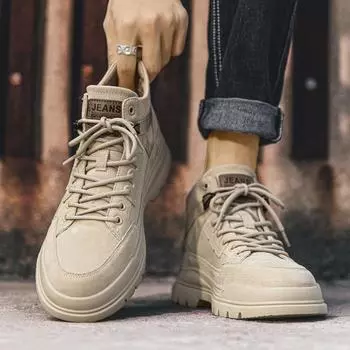 New Autumn Winter Men s High Top Shoes Thick Soled Wear-resistant Genuine Leather Casual Shoes Versatile Men s Hiking Shoes 39 бежевый