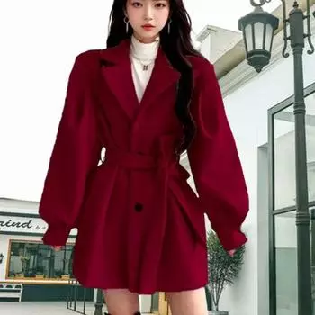 Новинка осень зима новый женский тонкий талии удобный костюм длинное пальто свободный тонкий пуговицы однотонный простой шнуровка V-образный вырез пальто S чёрный