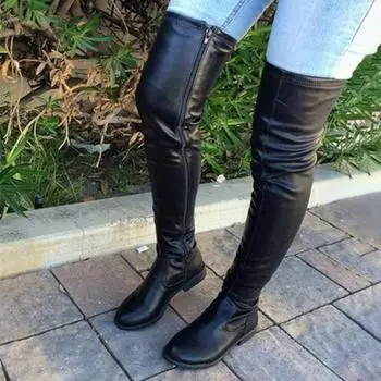New Autumn Winter Round Headed Low Square Heels Over-the-knee Boots Sewing 3CM Large Size Side Zipper Long Boots for Women Shoes 34