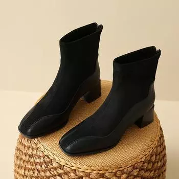 New Autumn Winter Women s Ankle Boots Back Zipper 2024 High Quality Ladies Boots Fashion Outdoors Square Head Women Shoes 34 чёрный