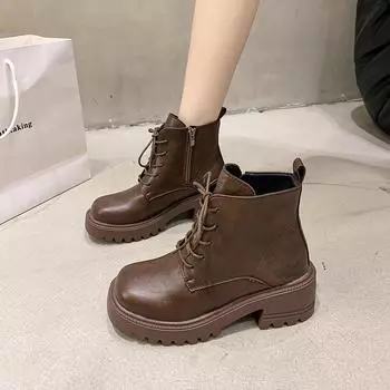 New Autumn/winter Women s Boots Genuine Leather Round Head Boots Versatile Vintage Increased Height Sole Thick Fleece 35 чёрный