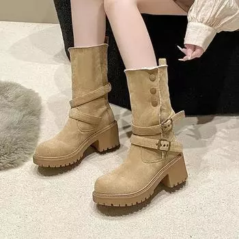 New Autumn Women s Casual Fashion Solid Color Double Buckle Decorative High-heeled Mid-calf Boots 35