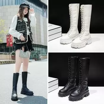 New Autumn Womens Mid Calf Boots Zipper Womens Shoes Punk Long Women Boots Winter Pu Leather Large Size 43 Zapatos Para Mujeres 35 белый