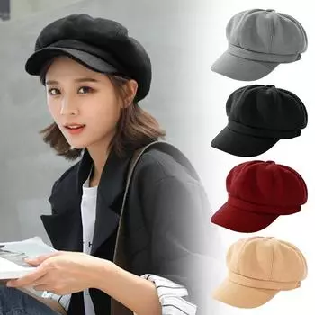 New Auutmn Winter Hats For Women Solid Plain Octagonal Cap Painter Men Beret Wool Women Ladies W9G2 Red-One size