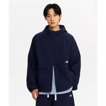 NEW BALANCE NBNAE21413 UNI Летняя куртка из хлопчатобумажной ткани на молнии с капюшоном ТЕМНО-СИНЯЯ