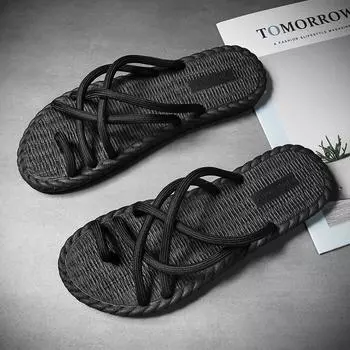 New beach versatile thick bottom casual fashion high sense woven flat bottom flip-flops summer slippers men 39 чёрный