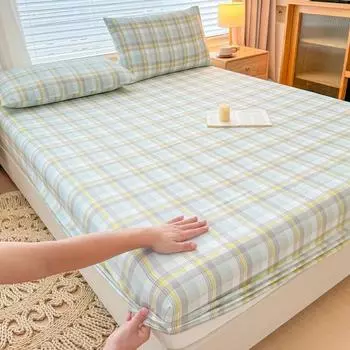 New Bed Hat Yarn-dyed Washed Cotton Single Mattress Cover 90x200 200x220 Gingham Bed Cover 360 Degree Wrap with Elastic Bedding 90x200x25cm 1pcs
