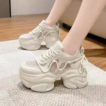 Новые бежевые кроссовки на платформе для женщин со шнуровкой, дышащие, Mech Comfort, 8 см, скрытая увеличивающая подошва, спортивная обувь, вулканизированная обувь 34 бежевый