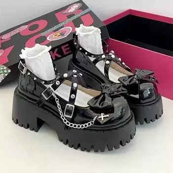 Новые черные туфли в стиле Лолита с бантом на толстой подошве для женщин Весенние женские туфли-лодочки в стиле панк с цепочкой Модные женские туфли-лоферы с пряжкой на каблуке 35 чёрный