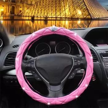New Black Car Steering Wheel Cover PU Leather 38CM Rhinestone Crystal Diamond Crown