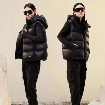 New black down vest men s and women s same versatile thickened short hooded gold letter printed back jacket trendy S чёрный