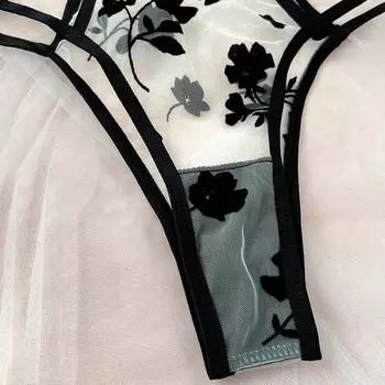 Новый черный флокированный сексуальный перспективный сетчатый соблазнительный комплект нижнего белья из двух частей для женщин S