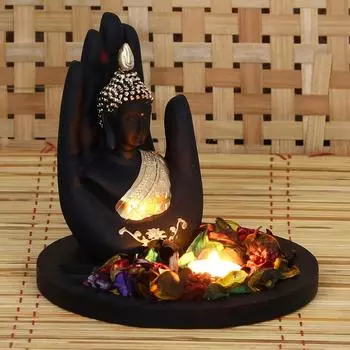 New Black Golden Resin Palm Buddha Statue Tea Light Holder| Lord Buddha Statue for Living Room| Gautam Buddha Idol for Home Decor золотистый/чёрный