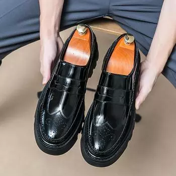 Новые черные лакированные кожаные мокасины на платформе мужские туфли с круглым носком однотонные туфли без застежек размер 38-44 мужские туфли 38 чёрный