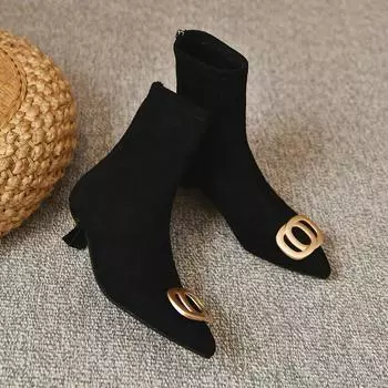 New Black Women Shoes Fashion High Heels Ankle Boots Comfortable Slip-on Sexy Boots Shoes for Woman Knitting Short Boots 35