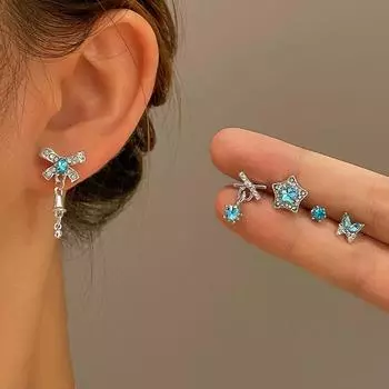 New blue zircon star bow earrings set of five simple ladies earrings jewelry gifts