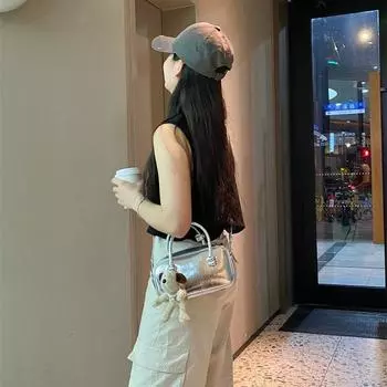 New Boston shoulder messenger bag niche design glossy silver portable shell bag simple and versatile trendy