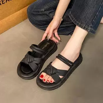 New bow slippers women s summer wear fashion casual trendy thick bottom non-slip beach cool slippers 36/37 бежевый