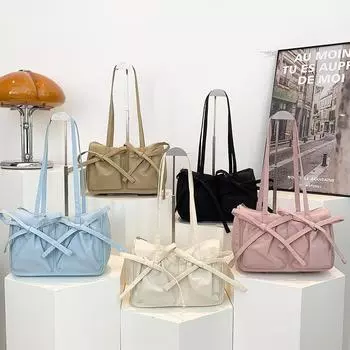 New Bow Zipper Tote Bag High end Large Capacity Shoulder Bag for Women Simple Solid Color Nylon Commuting Bag