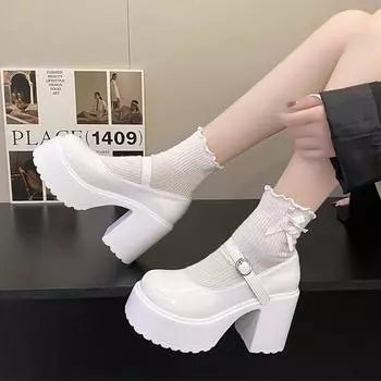 New Brand Women Mary Janes Lolita Shoes Chunky Platform High Heels Shoes autumn 2024 Fashion Sexy Pumps PU Leather Party Shoes 3.5 чёрный