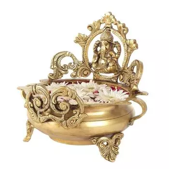 New Brass Ethnic Carved Ganesha Design 7 Inches Brass Urli Decor Bowl, Golden, Urli Bowl for Home Decor