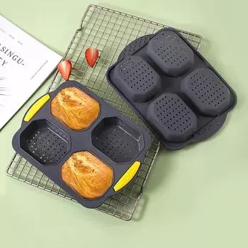 New Bread Baking Tray, Food Grade Silicone Mold, 4-cell Tool, DIY Household Cake Hamburger Pastry Tools серый