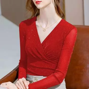 New Bright Silk Mesh T-shirt Women s Long Sleeved Bottoming Shirt Spring Autumn Bow Waistband V-neck Pullovers Top 4XL чёрный