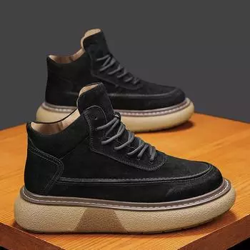 New British style waterproof leather shoes winter high Martin boots thick sole heightening casual 2024 sports helper men s shoes 39 чёрный