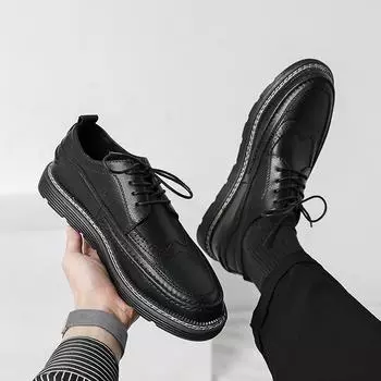 New Brogues Leather Platform Oxfords Lace Up Thick Tottom Male Derby Shoes Casual Loafers Mens Square Toe Formal Dress Shoes Men 38 чёрный