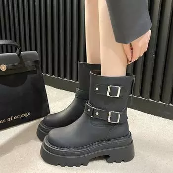 New Brown Vintage Round Toe Chunky Heeled Extra High Women Cowboy Boots Buckle Western Boots for Women Boots Zapatos Mujer 35 чёрный