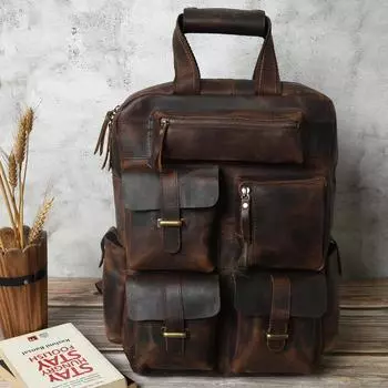 New Buffalo Leather Backpack Rucksack Shoulder Bag, Cushion Padded Compartment Fits 17 Inch Laptop, Men Women Office Business College