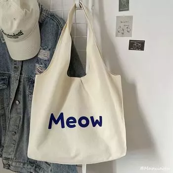 New Canvas Bag Summer 2025 Female Satchel Shoulder Canvas Bag Large Capacity Student Work Clothing White Tote Bag meow